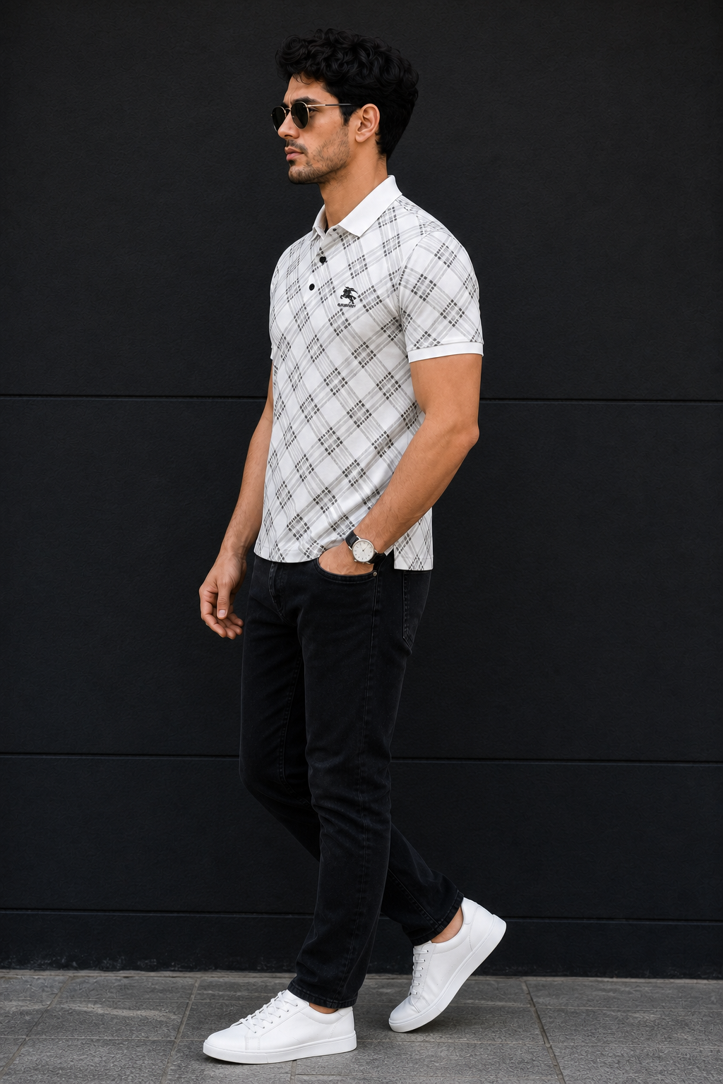 Men White Checked Polo Tshirt - Half Sleeve 119