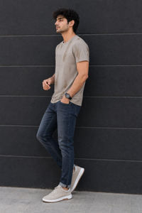 Men Beige Embossed Geometric Printed Round Neck T-Shirt ATL80207