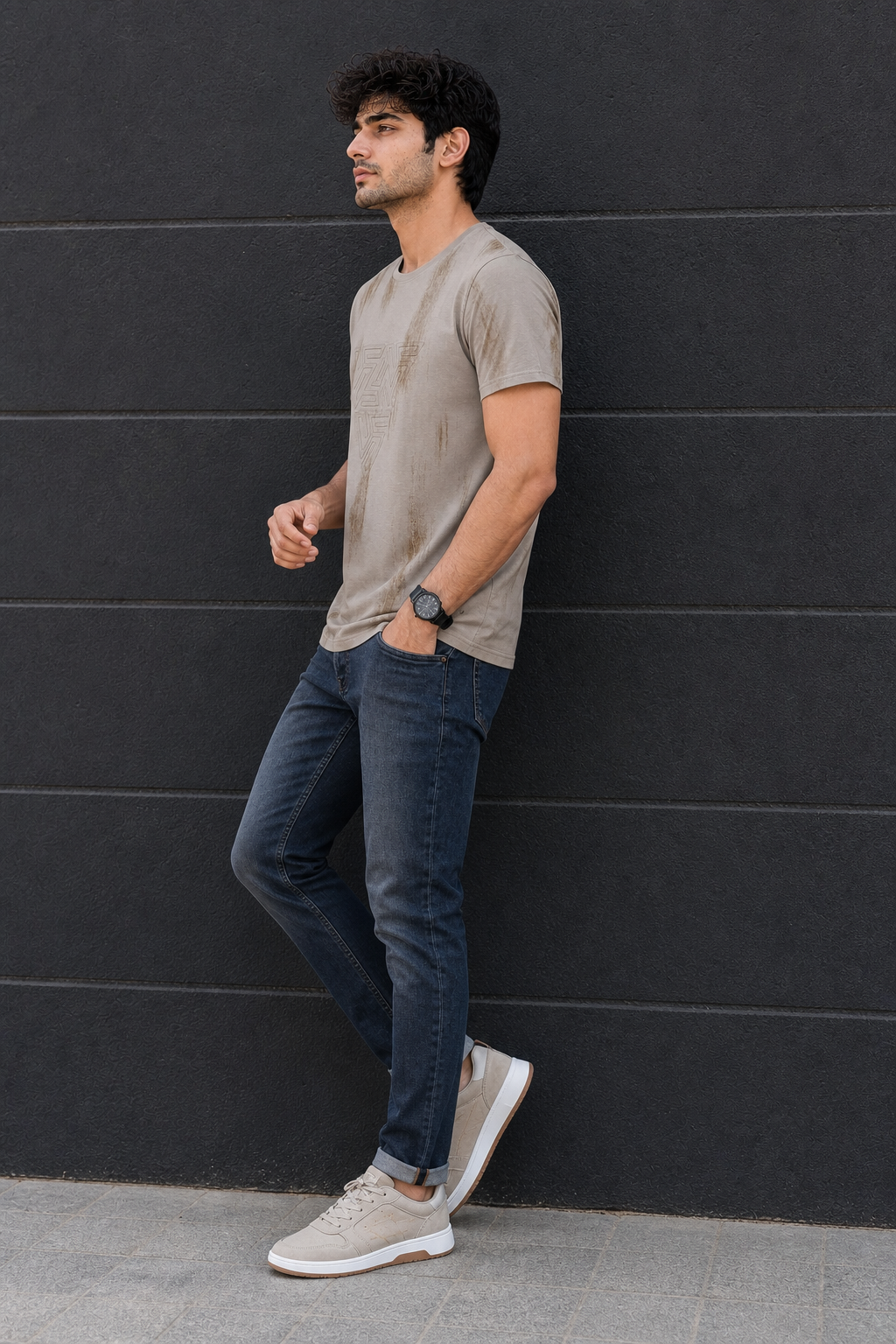 Men Beige Embossed Geometric Printed Round Neck T-Shirt ATL80207