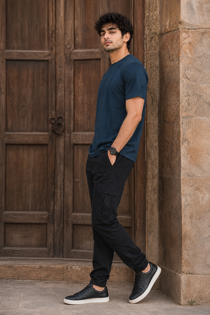 Men Blue Embossed Geometric Printed Round Neck T-Shirt ATL80207