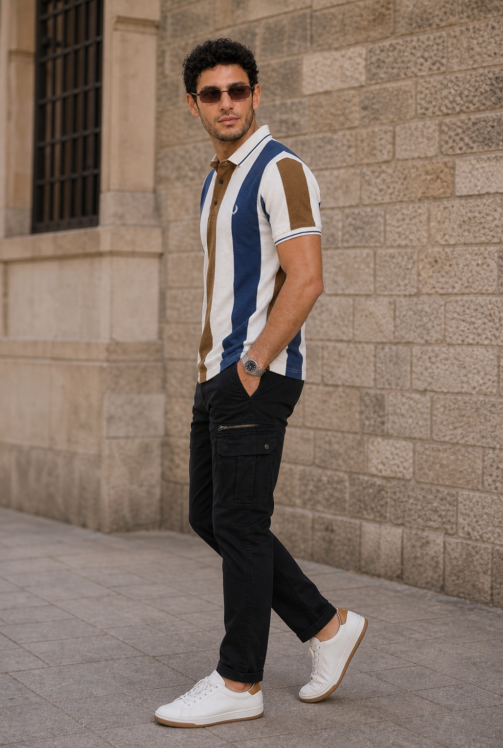 Men Blue, White & Coffee Striped Snap Button Polo T-Shirt ATL9235