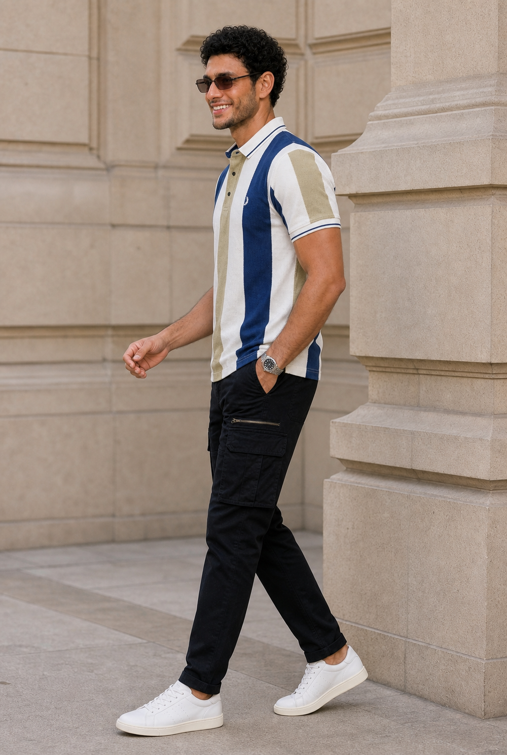Men Blue, White & Pista Striped Snap Button Polo T-Shirt ATL9235