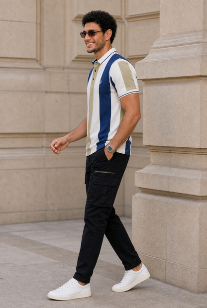 Men Blue, White & Pista Striped Snap Button Polo T-Shirt ATL9235