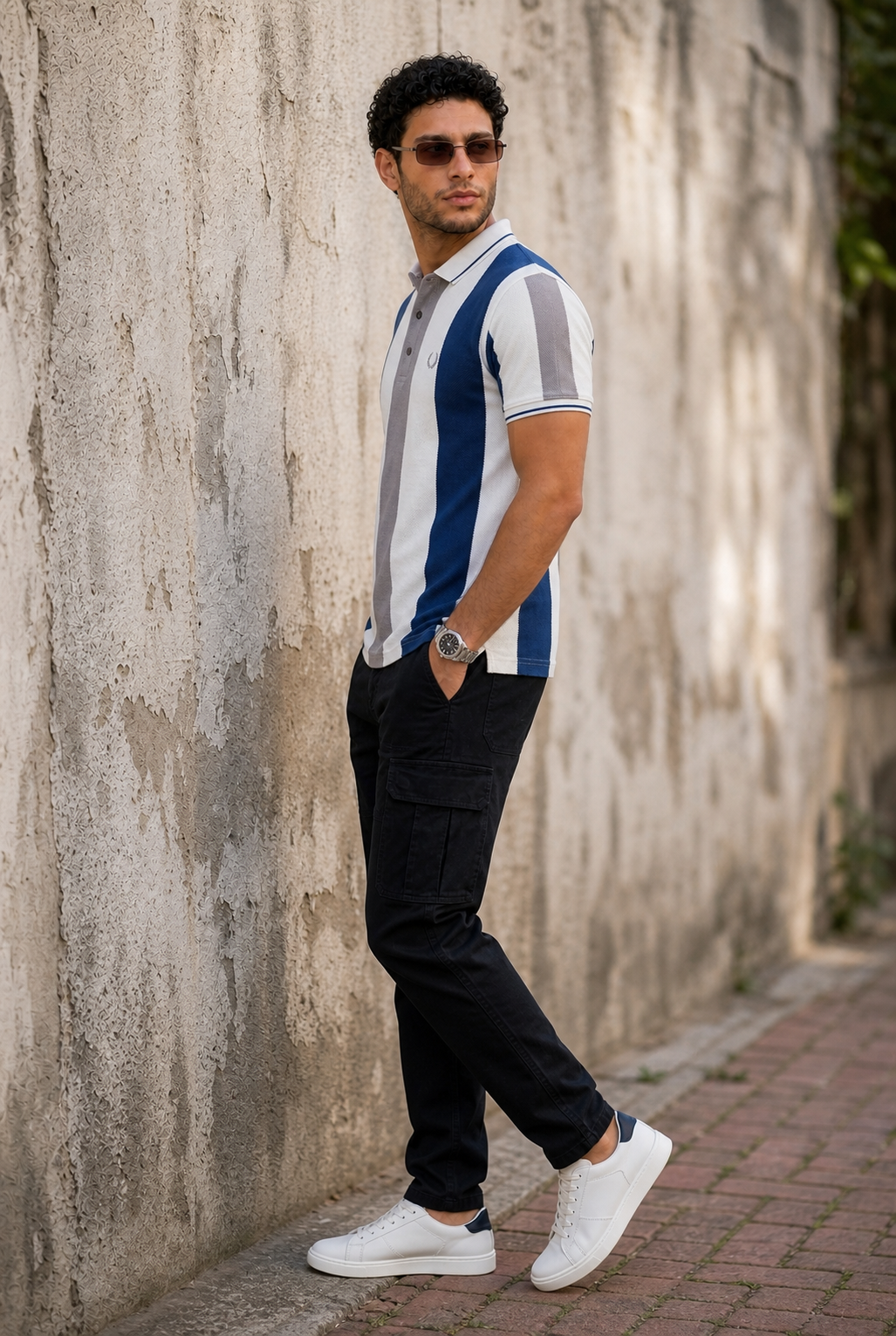 Men Blue, White & Grey Striped Snap Button Polo T-Shirt ATL9235