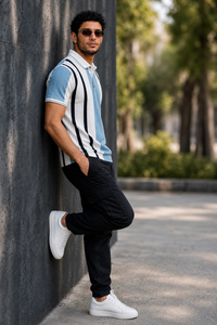 Men Blue & Black Striped Snap Button Polo T-Shirt ATL9244