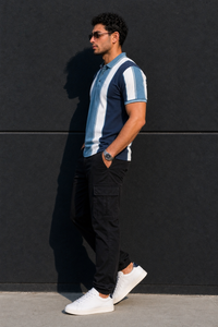 Men Blue & White Striped Polo T-Shirt with Snap Buttons ATL9239