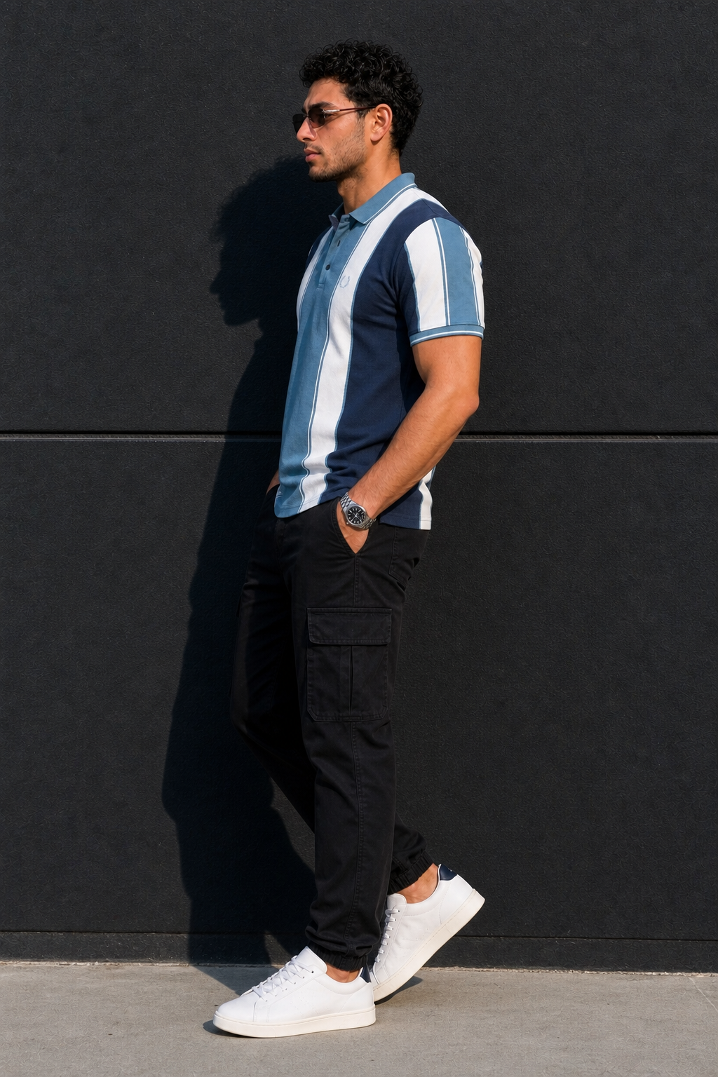 Men Blue & White Striped Polo T-Shirt with Snap Buttons ATL9239