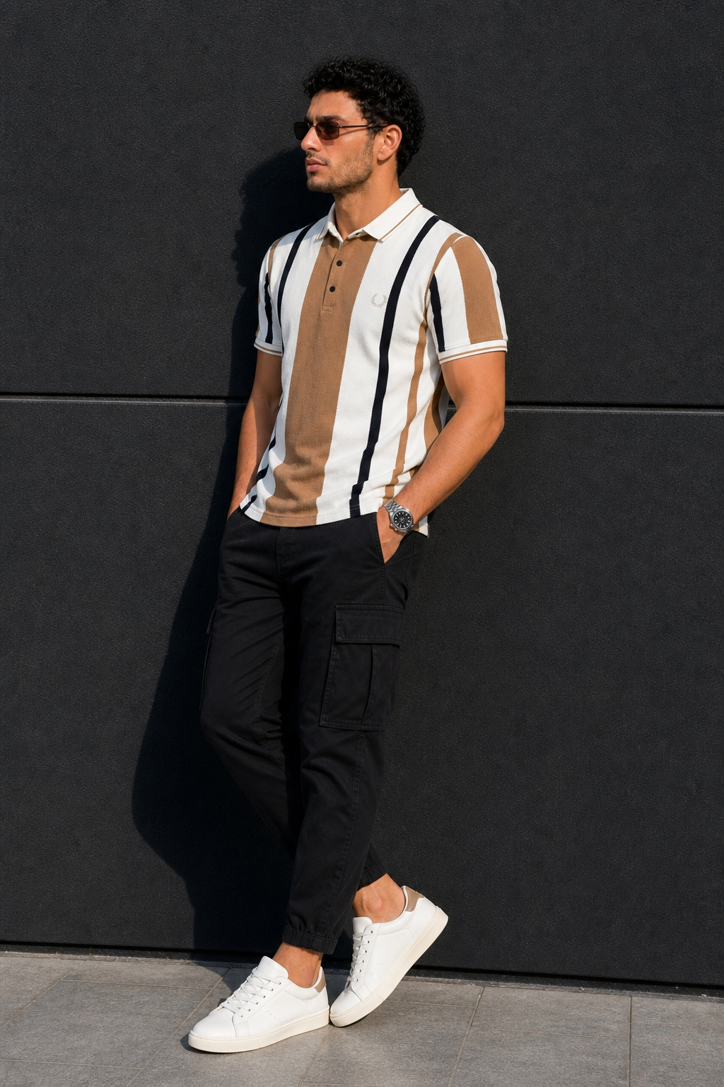 Men Brown & Black Striped Snap Button Polo T-Shirt ATL9244