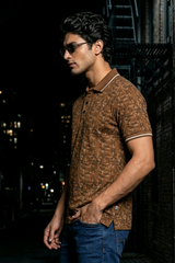 Men Brown Leaf Print Polo T-Shirt