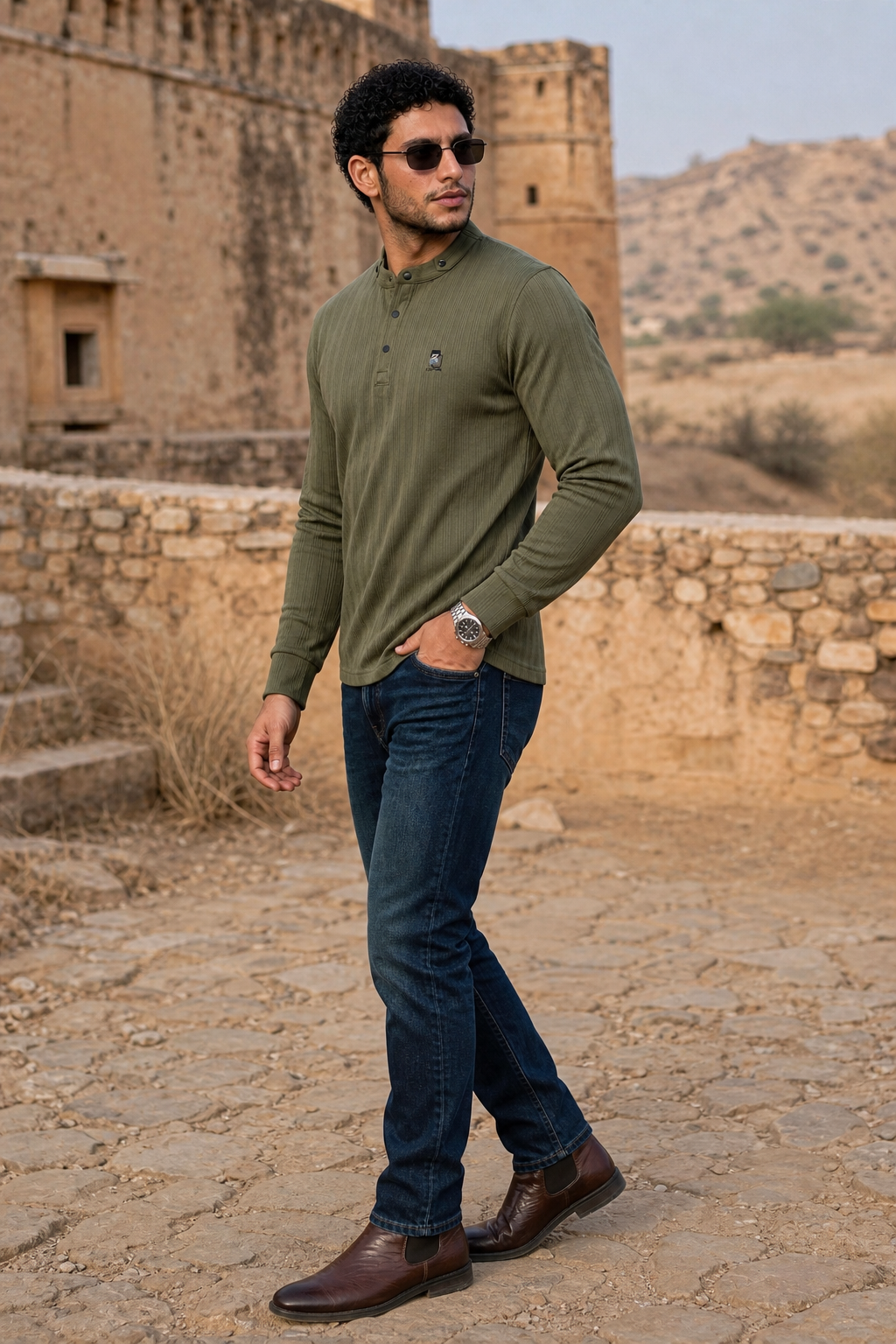 Men Olive Textured Ribbed Henley T-Shirt | Long Sleeve Mandarin Collar ATL6503