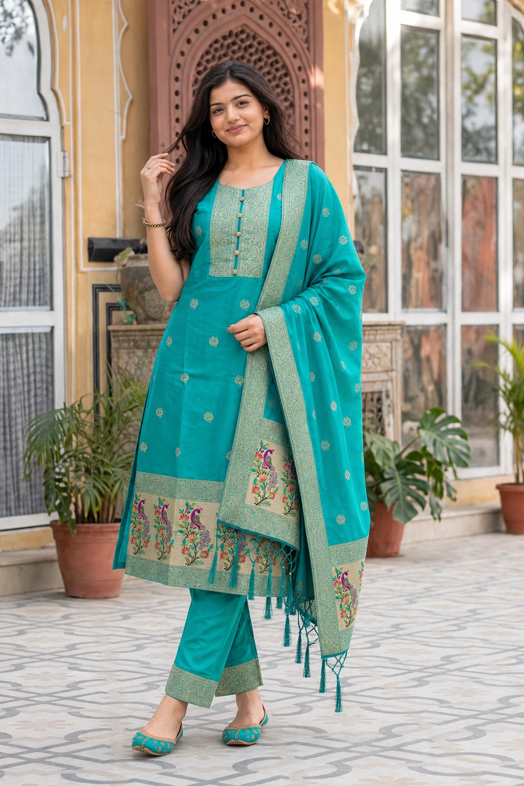 Women Rama Green Banarasi Silk Sleeveless Paithani Suit | Peacock Zari Work Straight Kurta Pant Dupatta Set ATL1001