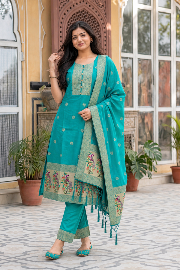 Women Rama Green Banarasi Silk Sleeveless Paithani Suit | Peacock Zari Work Straight Kurta Pant Dupatta Set ATL1001