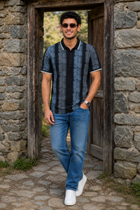 Men Black & Blue Printed Tipped Collar Polo T-Shirt With Snap Buttons ATL86624