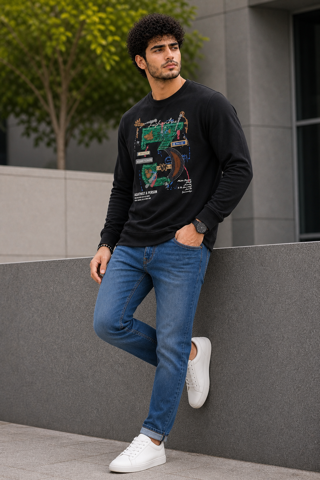 Men Black Graphic Crewneck Sweatshirt ATL3063