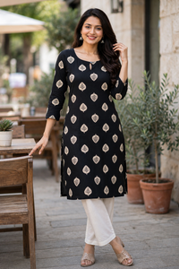 Women Black Cotton Kurti with Leaf Print - Front View
