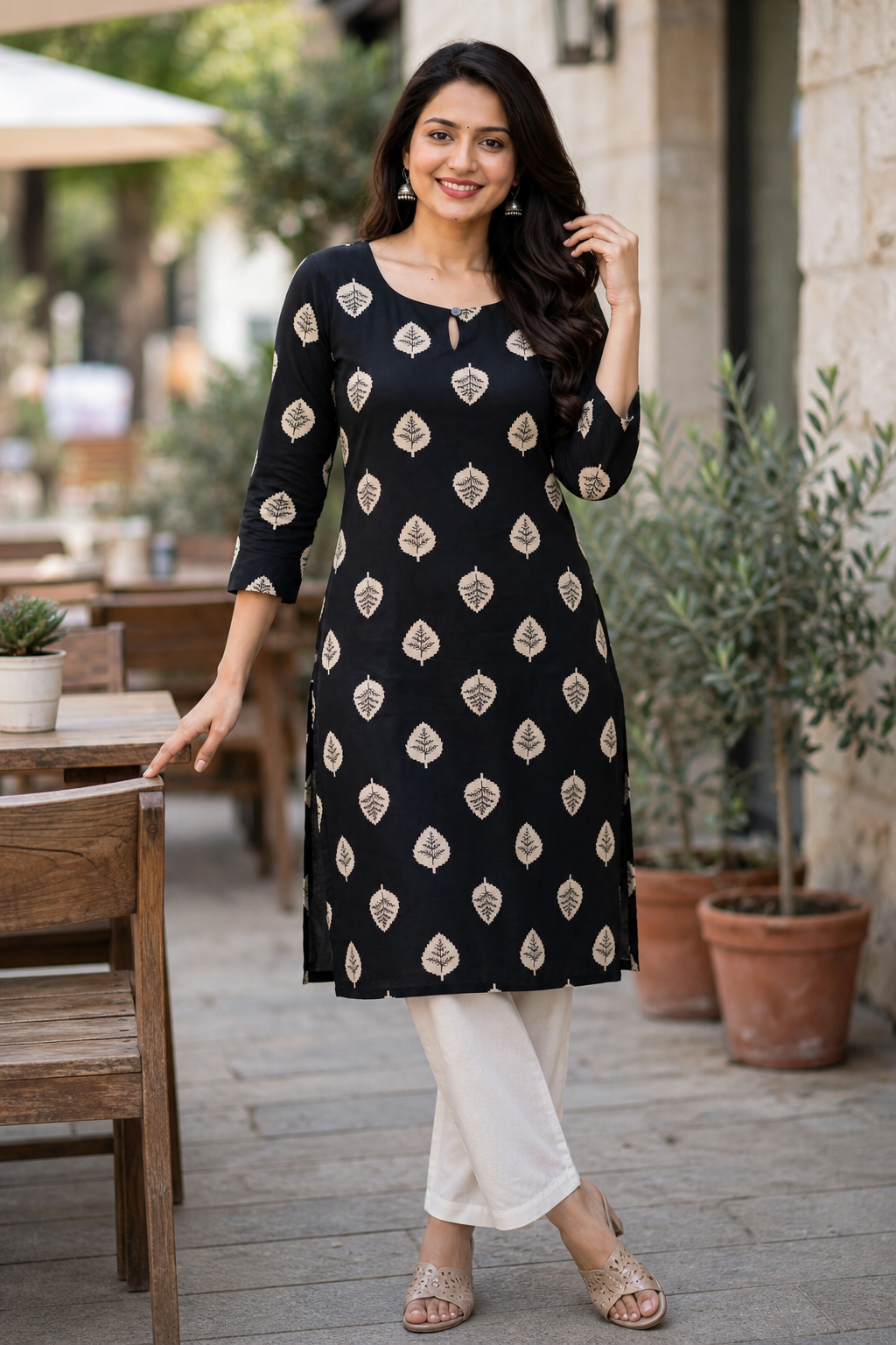 Women Black Cotton Kurti with Leaf Print - Front View