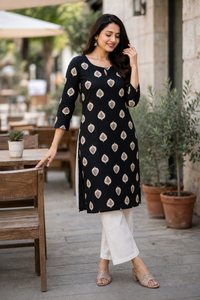 Women Black Cotton Kurti with Leaf Print - Side View