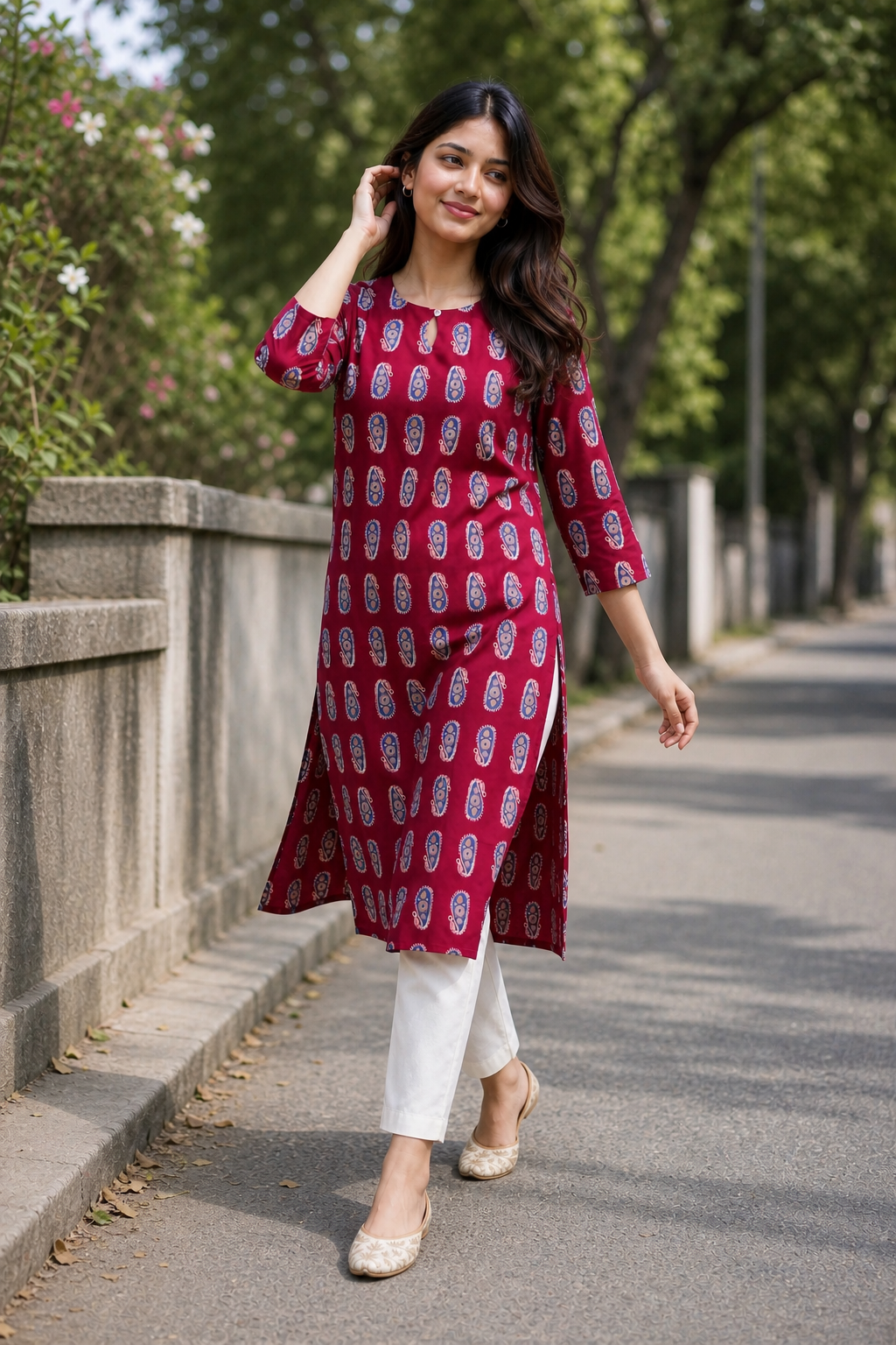 Women Maroon Cotton Kurti with Blue Paisley Print - Stylish Pose