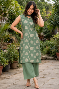 Women Sage Green Lotus Printed Sleeveless Kurta & Plazo Coord Set SHALINI-283