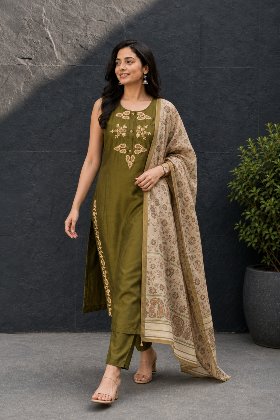 Women Mehandi Roman Silk Sleeveless Kurta Set with Two Side Embroidery & Printed Dupatta 151-314