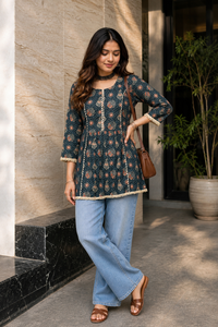 Women Blue Floral Printed Short Kurti 3/4 Sleeves - with Lace Border ATL1265