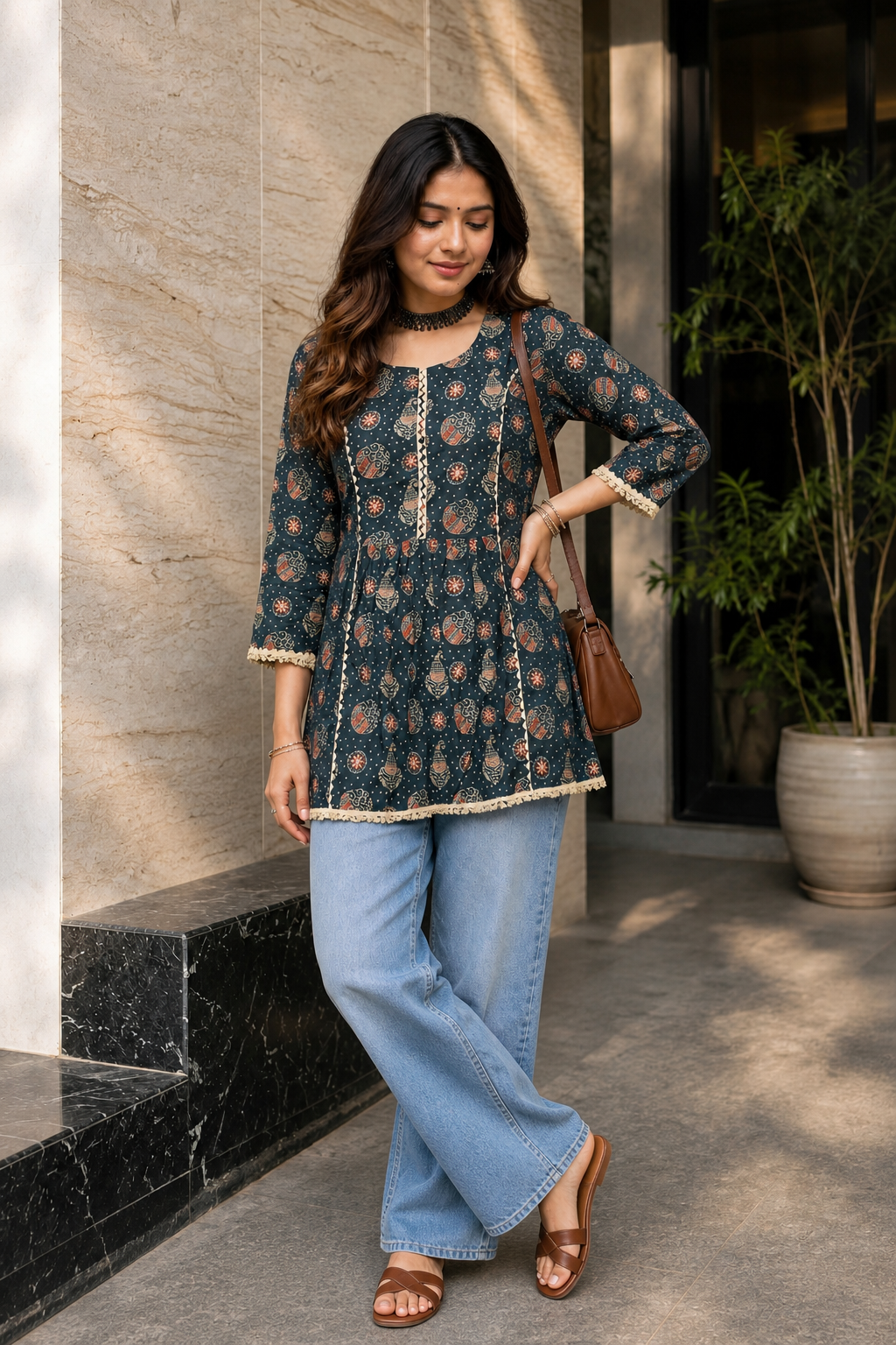 Women Blue Floral Printed Short Kurti 3/4 Sleeves - with Lace Border ATL1265