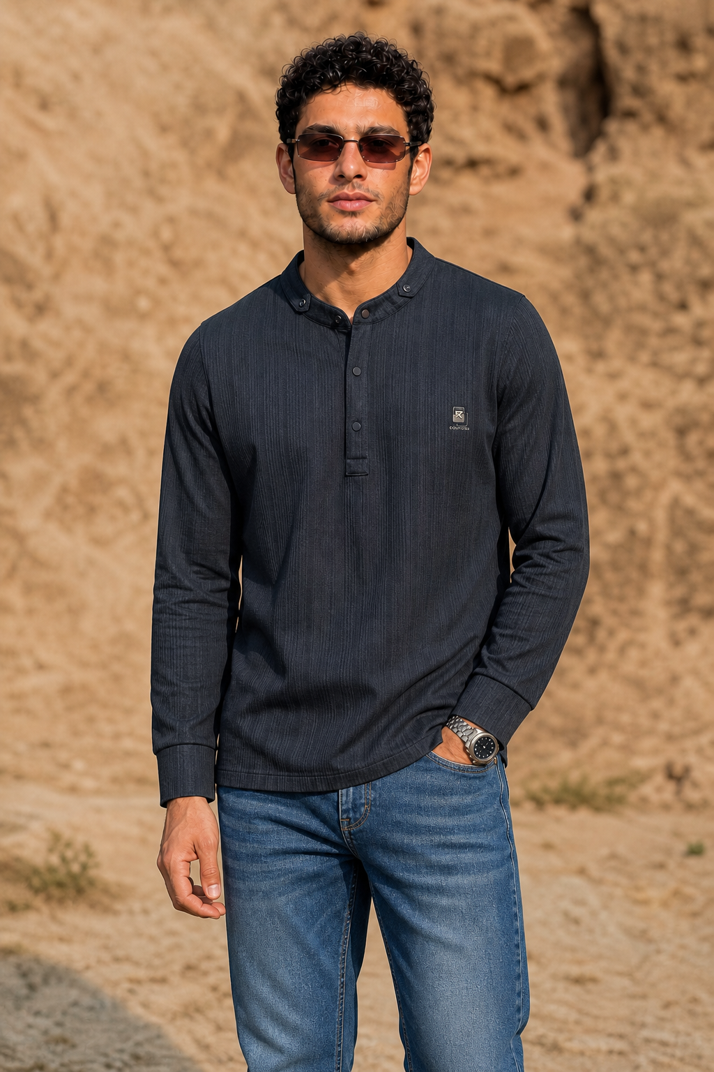 Men Black Textured Ribbed Henley T-Shirt | Long Sleeve Mandarin Collar ATL6503