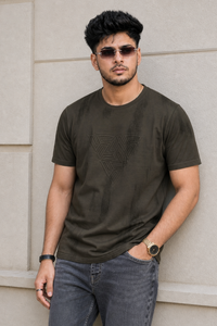 Men Green Embossed Geometric Printed Round Neck T-Shirt ATL80207