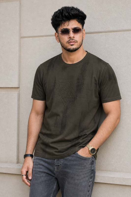 Men Green Embossed Geometric Printed Round Neck T-Shirt ATL80207