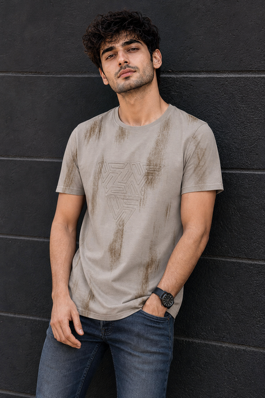 Men Beige Embossed Geometric Printed Round Neck T-Shirt ATL80207