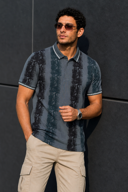 Men Black & Dark Pista Printed Tipped Collar Polo T-Shirt With Snap Buttons ATL86624