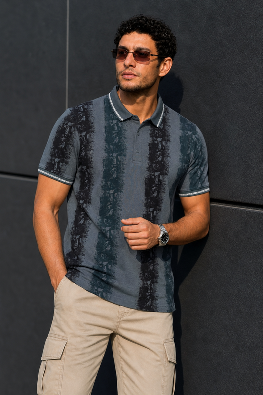 Men Black & Dark Pista Printed Tipped Collar Polo T-Shirt With Snap Buttons ATL86624