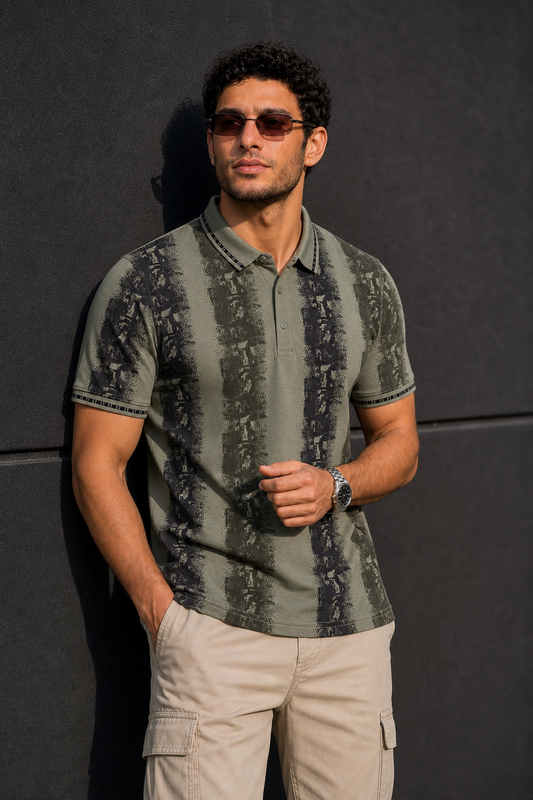 Men Black & Pista Printed Tipped Collar Polo T-Shirt With Snap Buttons ATL86624