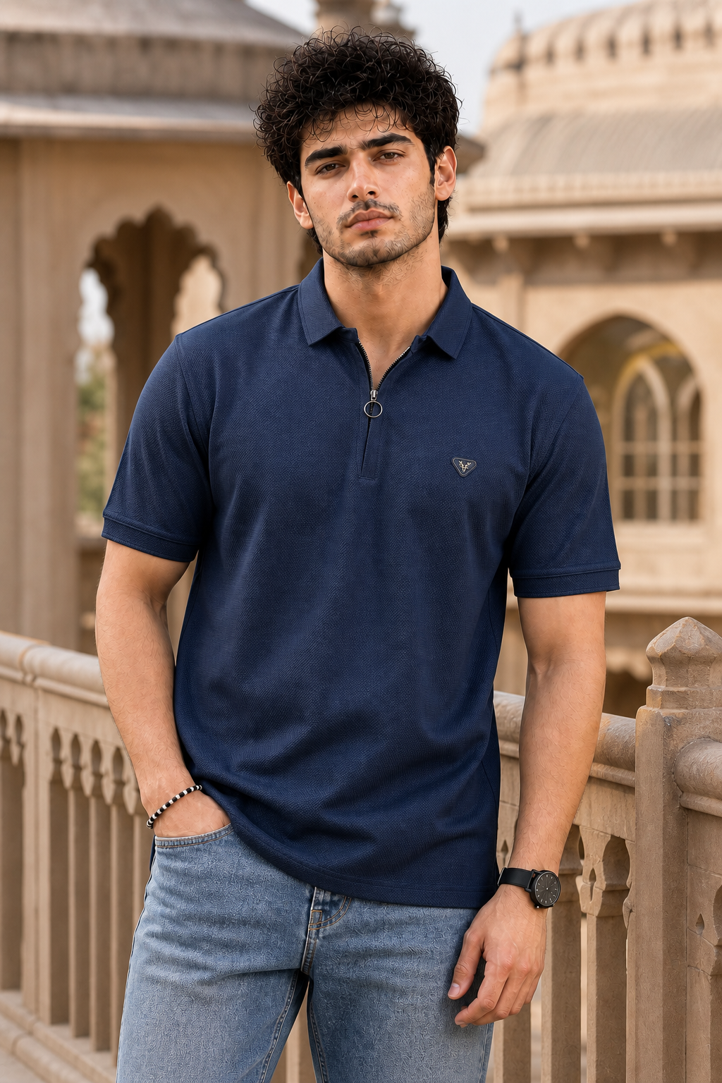 Men Navy Blue Korean Style Zipper Neck Polo T-Shirt ATL5771