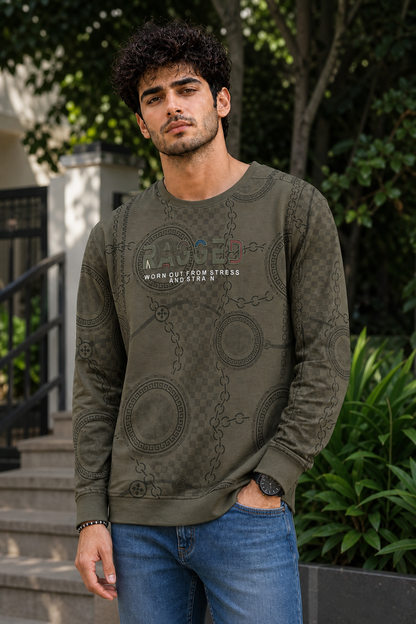 Men Olive Chain Print Full Sleeve SweatShirt | RAGGED Graphic ATL3035
