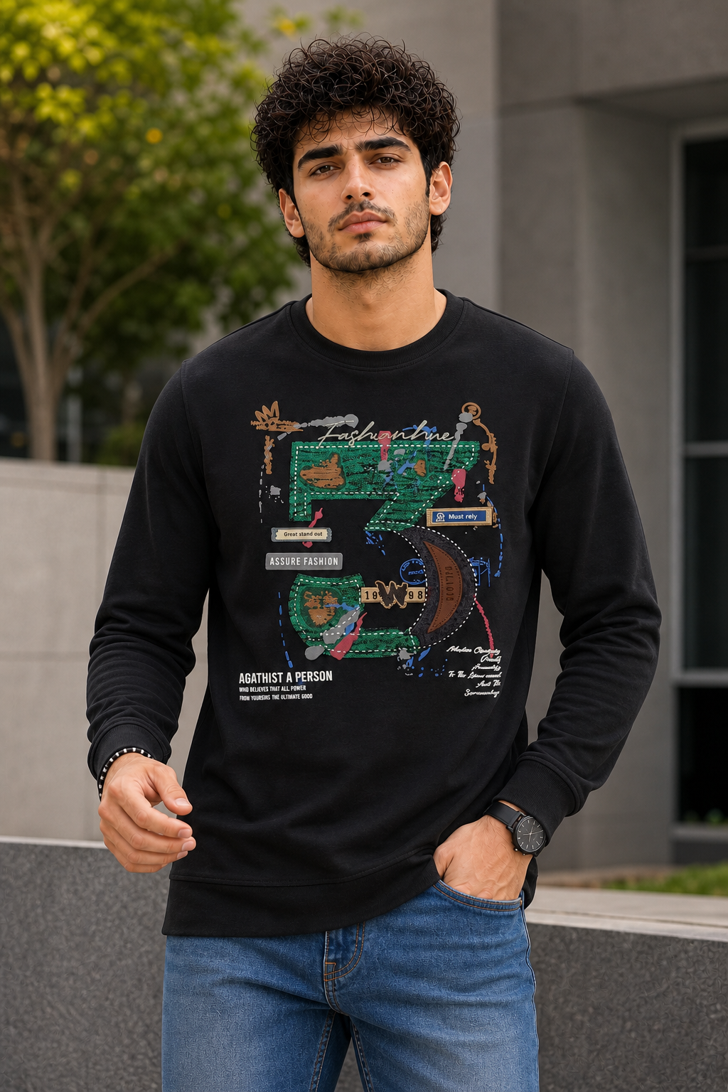 Men Black Graphic Crewneck Sweatshirt ATL3063