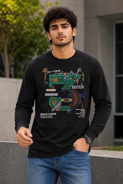 Men Black Graphic Crewneck Sweatshirt ATL3063