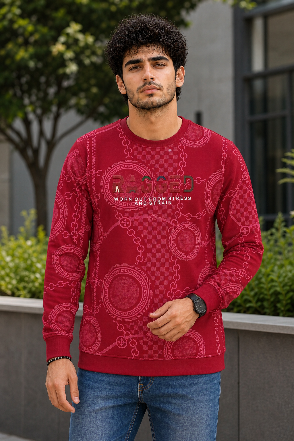Men Red Chain Print Full Sleeve SweatShirt | RAGGED Graphic ATL3035