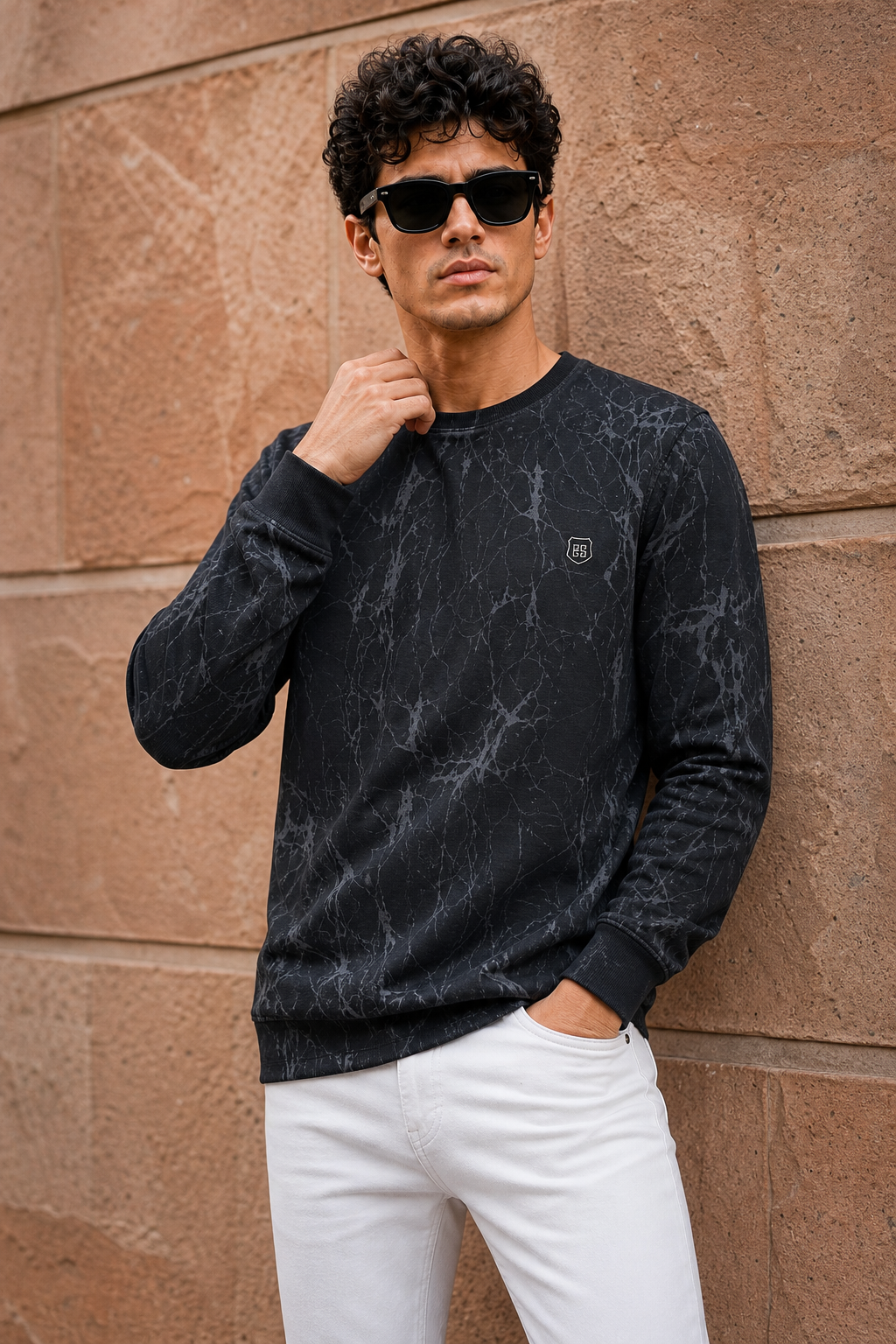 Men Black Marble Print Full Sleeve Sweatshirt ATL3023