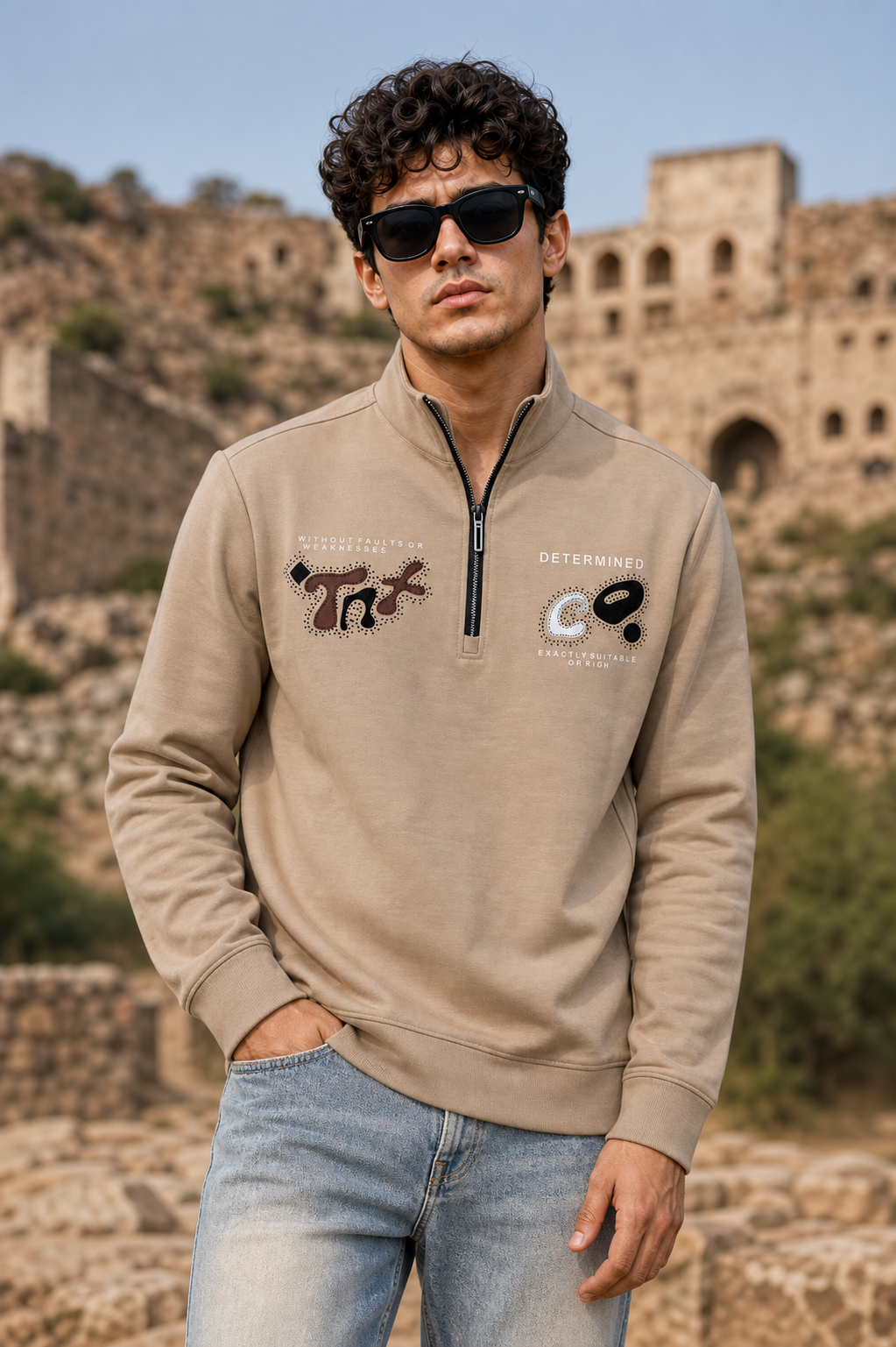 Men Beige Half-Zip Mock Neck Graphic Print Sweatshirt ATL3027