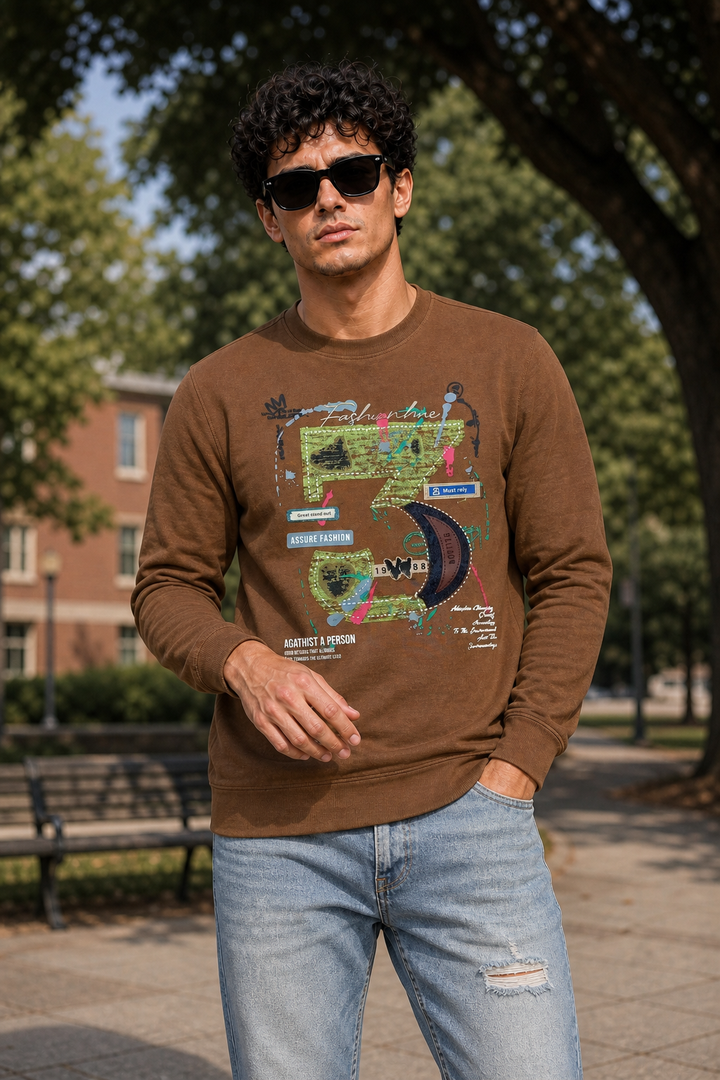 Men Khakhi Graphic Crewneck Sweatshirt ATL3063