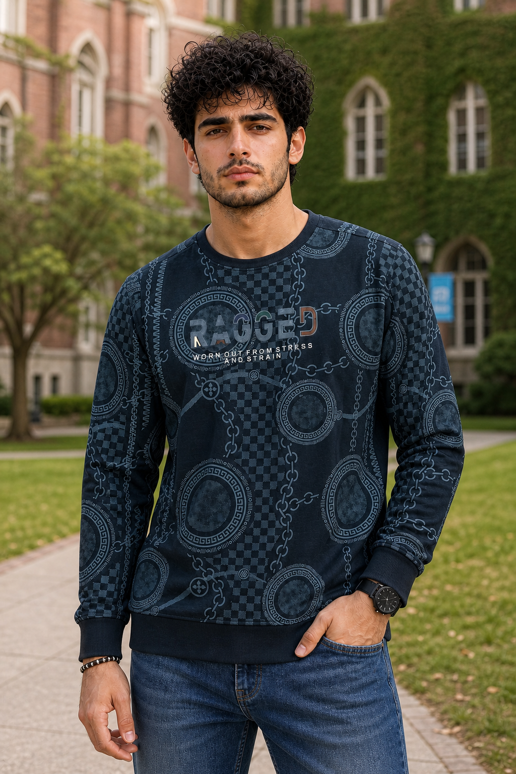 Men Prussian Blue Chain Print Full Sleeve SweatShirt | RAGGED Graphic ATL3035