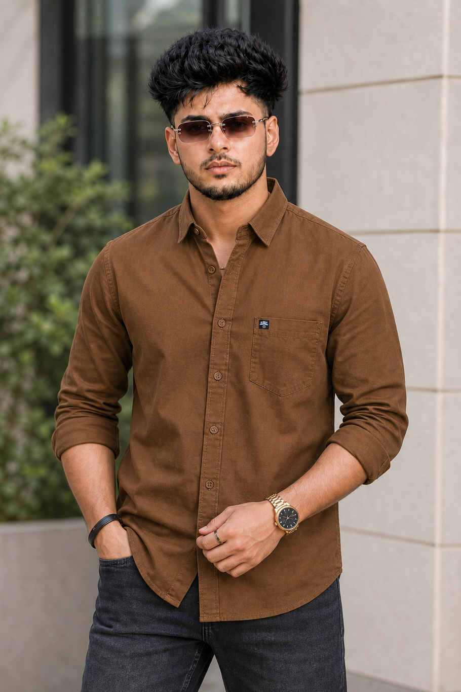 Men Dark Khakhi Solid Casual Shirt | Full Sleeve Shirt JK-455