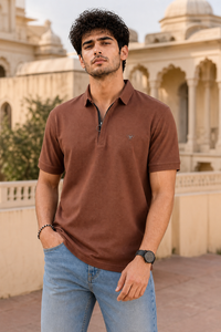 Men Coffee Korean Style Zipper Neck Polo T-Shirt ATL5771