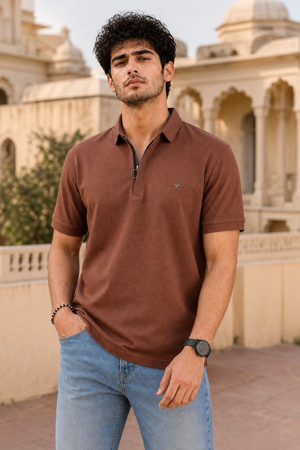 Men Coffee Korean Style Zipper Neck Polo T-Shirt ATL5771