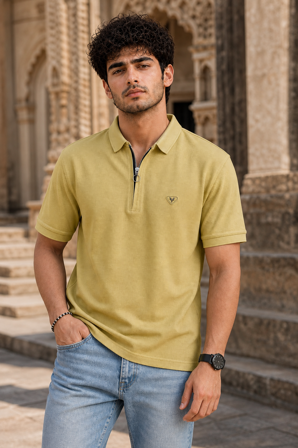Men Yellow Green Korean Style Zipper Neck Polo T-Shirt ATL5771