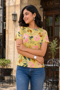 Women Yellow Floral Print Round Neck T-Shirt M-7236-13