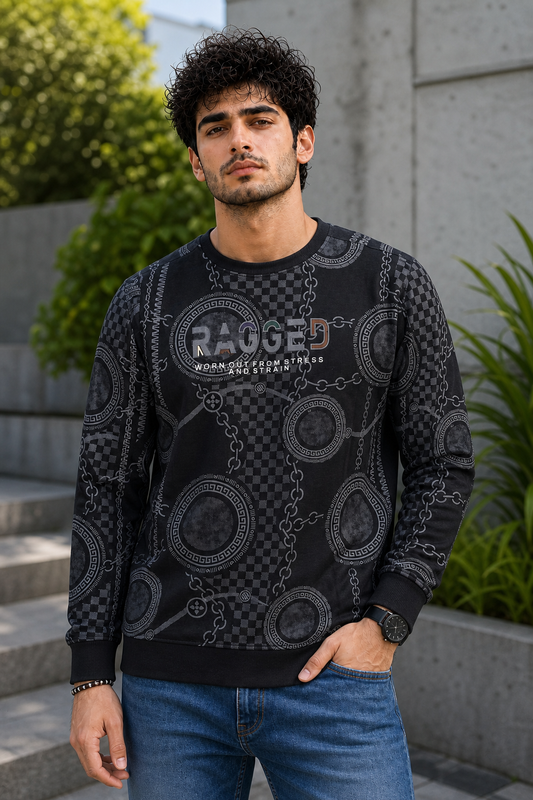 Men Black Chain Print Full Sleeve SweatShirt | RAGGED Graphic ATL3035