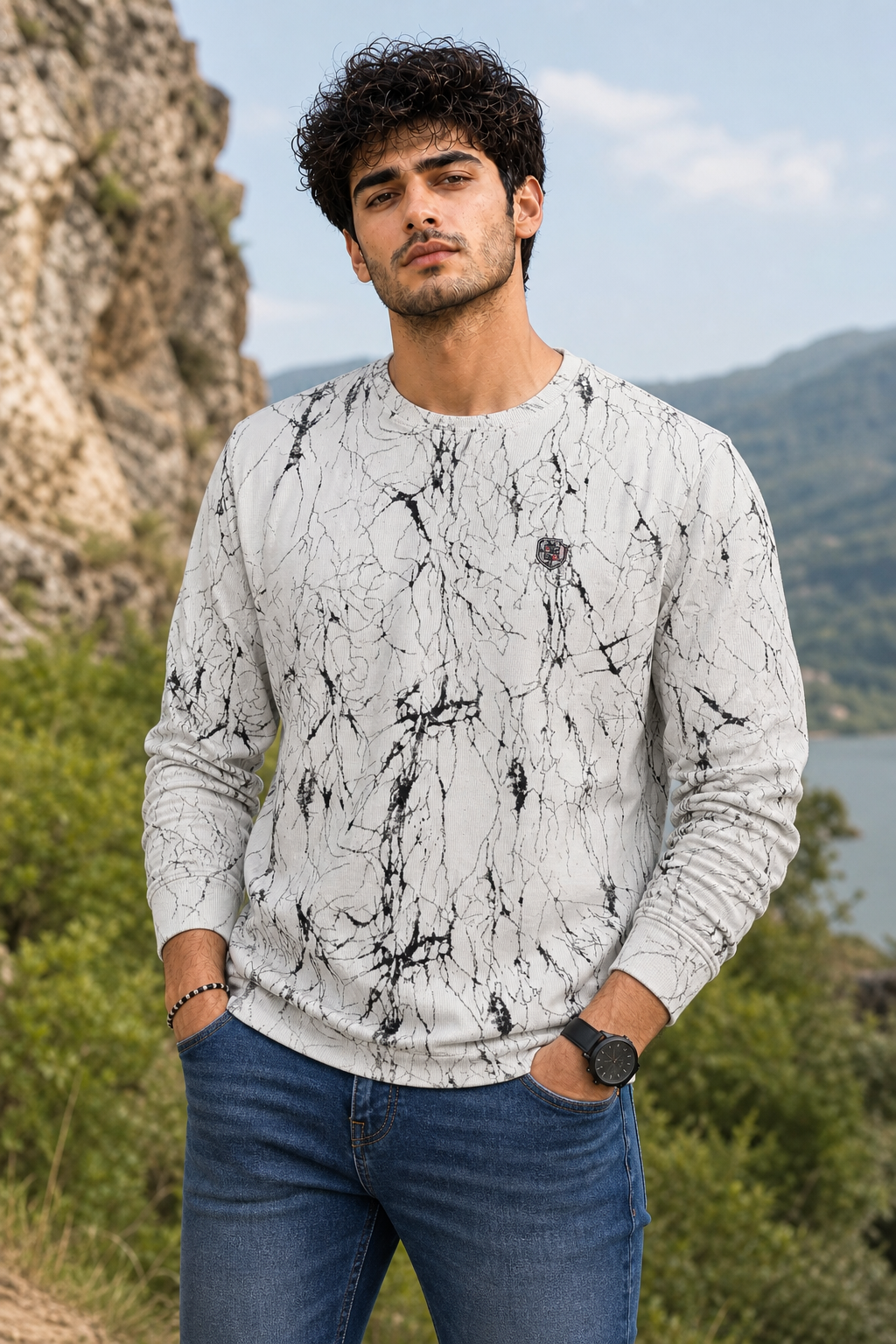 Men White Marble Print Full Sleeve Sweatshirt ATL3023
