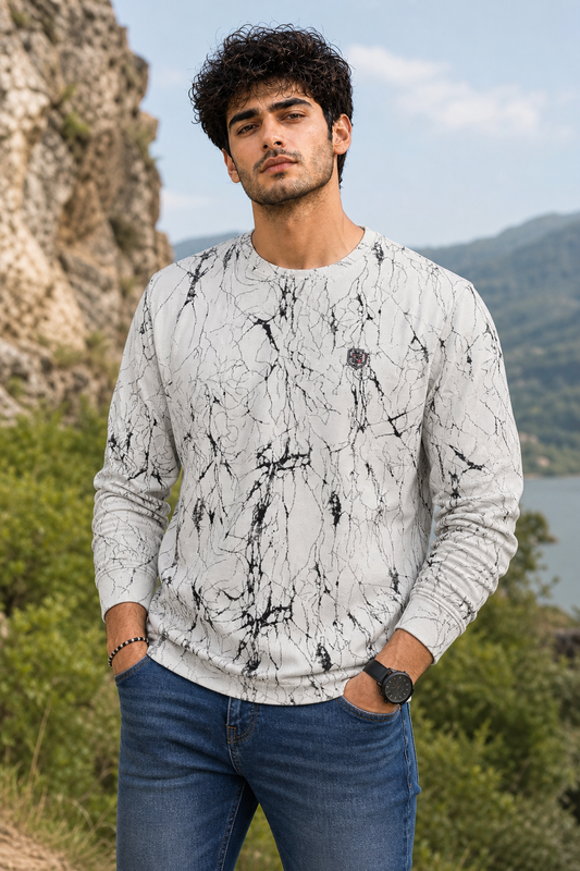 Men White Marble Print Full Sleeve Sweatshirt ATL3023
